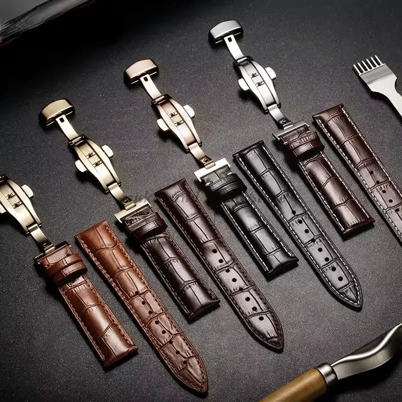 For Tissot Seiko Calf Genuine Leather WatchBand Alligator Grain Butterfly Clasp Watch Strap 12/13/14/15/16/17/18/19/20/22mm 24mm