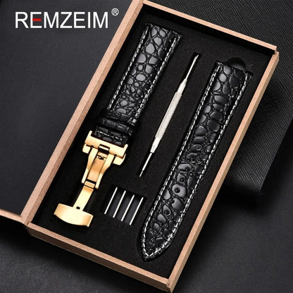 Embossed Leather Watch Strap with Box Watch Band Butterfly Clasp Bracelet 18mm 20mm 22mm 24mm Wrist Band Watch Accessories