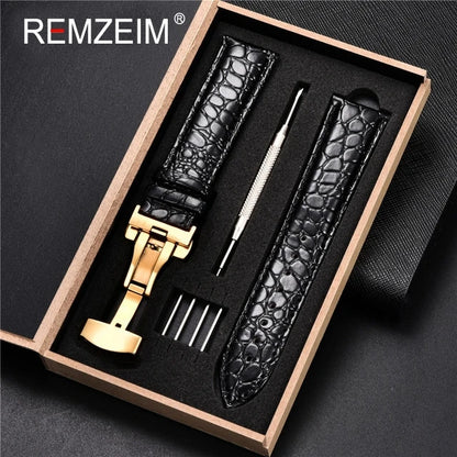 Embossed Leather Watch Strap with Box Watch Band Butterfly Clasp Bracelet 18mm 20mm 22mm 24mm Wrist Band Watch Accessories