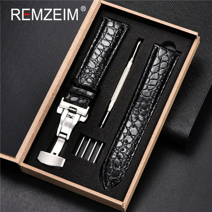 Embossed Leather Watch Strap with Box Watch Band Butterfly Clasp Bracelet 18mm 20mm 22mm 24mm Wrist Band Watch Accessories