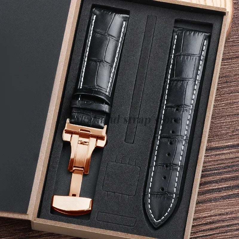 For Tissot Seiko Calf Genuine Leather WatchBand Alligator Grain Butterfly Clasp Watch Strap 12/13/14/15/16/17/18/19/20/22mm 24mm