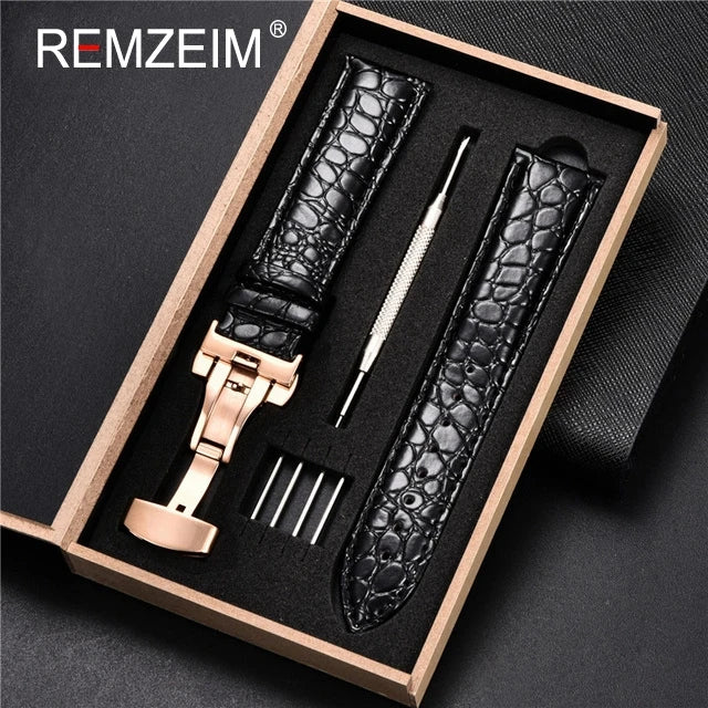 Embossed Leather Watch Strap with Box Watch Band Butterfly Clasp Bracelet 18mm 20mm 22mm 24mm Wrist Band Watch Accessories