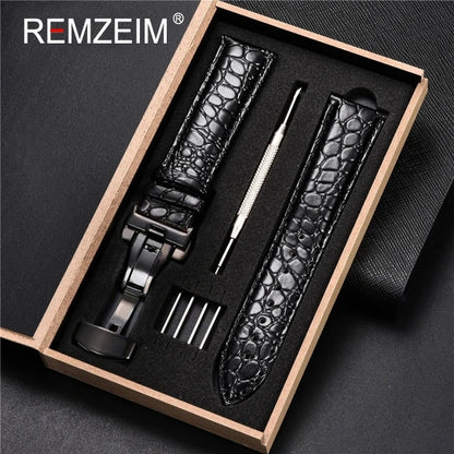 Embossed Leather Watch Strap with Box Watch Band Butterfly Clasp Bracelet 18mm 20mm 22mm 24mm Wrist Band Watch Accessories