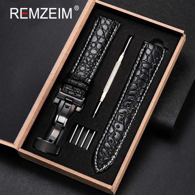 Embossed Leather Watch Strap with Box Watch Band Butterfly Clasp Bracelet 18mm 20mm 22mm 24mm Wrist Band Watch Accessories