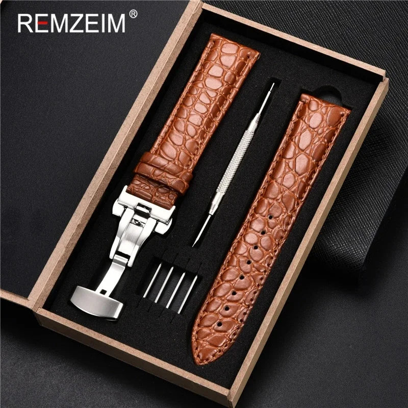 Embossed Leather Watch Strap with Box Watch Band Butterfly Clasp Bracelet 18mm 20mm 22mm 24mm Wrist Band Watch Accessories