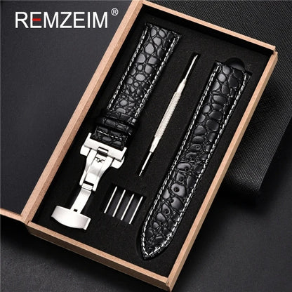 Embossed Leather Watch Strap with Box Watch Band Butterfly Clasp Bracelet 18mm 20mm 22mm 24mm Wrist Band Watch Accessories