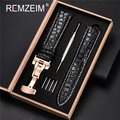 Embossed Leather Watch Strap with Box Watch Band Butterfly Clasp Bracelet 18mm 20mm 22mm 24mm Wrist Band Watch Accessories