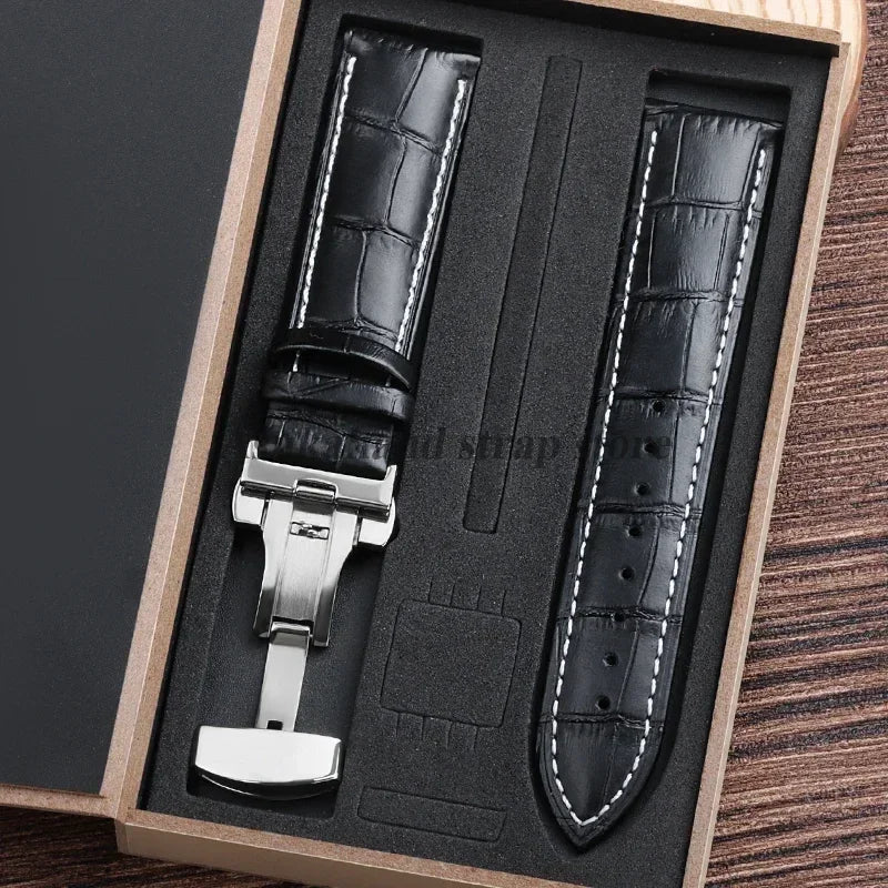 For Tissot Seiko Calf Genuine Leather WatchBand Alligator Grain Butterfly Clasp Watch Strap 12/13/14/15/16/17/18/19/20/22mm 24mm